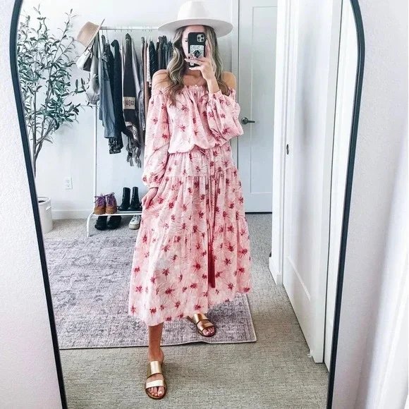 ALEXIS Tilia Pink Floral Off the Shoulder Tiered Midi Dress Size L - Picture 4 of 11